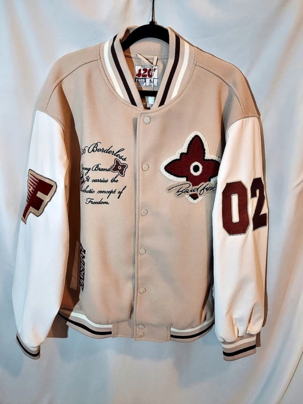 F426 Borderless Retro Embroidered Oversized Varsity Jacket Tan M